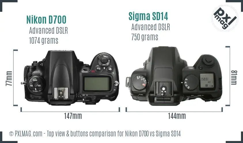 Nikon D700 vs Sigma SD14 top view buttons comparison