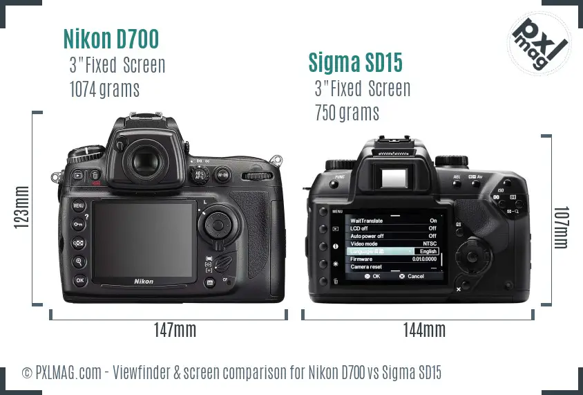 Nikon D700 vs Sigma SD15 Screen and Viewfinder comparison