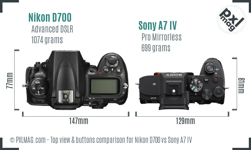 Nikon D700 vs Sony A7 IV top view buttons comparison Nikon D700 vs Sony A7 IV top view buttons comparison