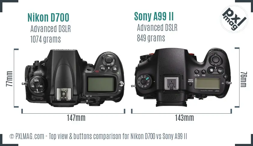 Nikon D700 vs Sony A99 II top view buttons comparison