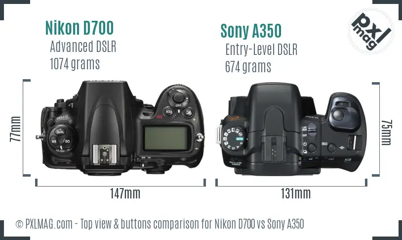 Nikon D700 vs Sony A350 top view buttons comparison Nikon D700 vs Sony A350 top view buttons comparison