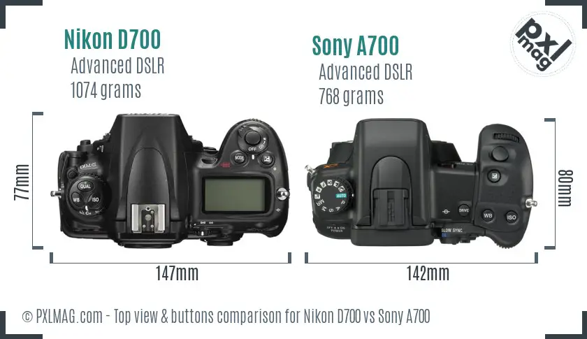 Nikon D700 vs Sony A700 top view buttons comparison