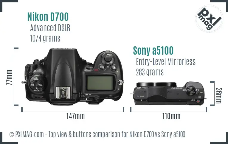 Nikon D700 vs Sony a5100 top view buttons comparison Nikon D700 vs Sony a5100 top view buttons comparison
