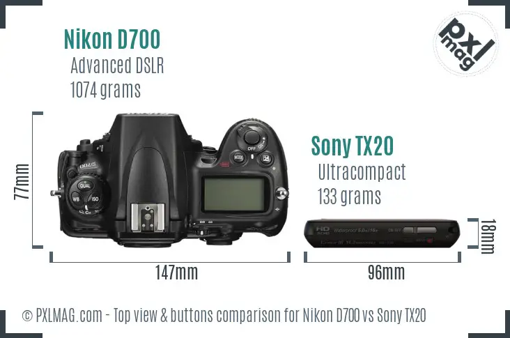Nikon D700 vs Sony TX20 top view buttons comparison