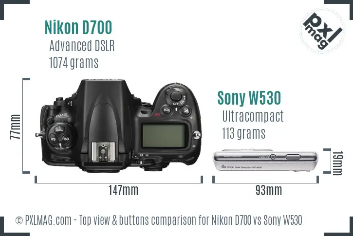 Nikon D700 vs Sony W530 top view buttons comparison
