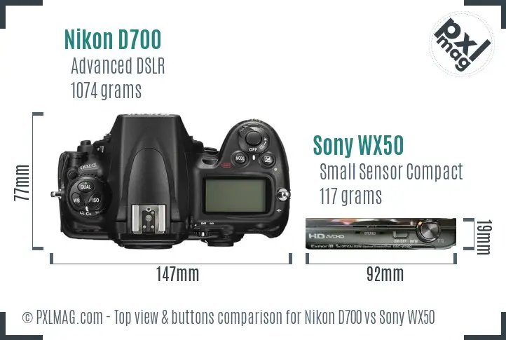 Nikon D700 vs Sony WX50 top view buttons comparison