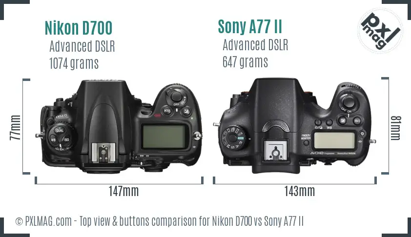 Nikon D700 vs Sony A77 II top view buttons comparison