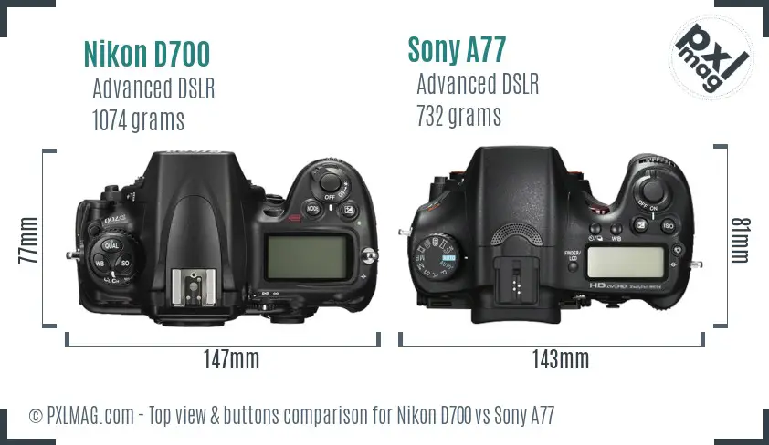 Nikon D700 vs Sony A77 top view buttons comparison