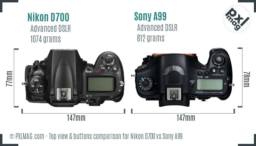 Nikon D700 vs Sony A99 top view buttons comparison Nikon D700 vs Sony A99 top view buttons comparison