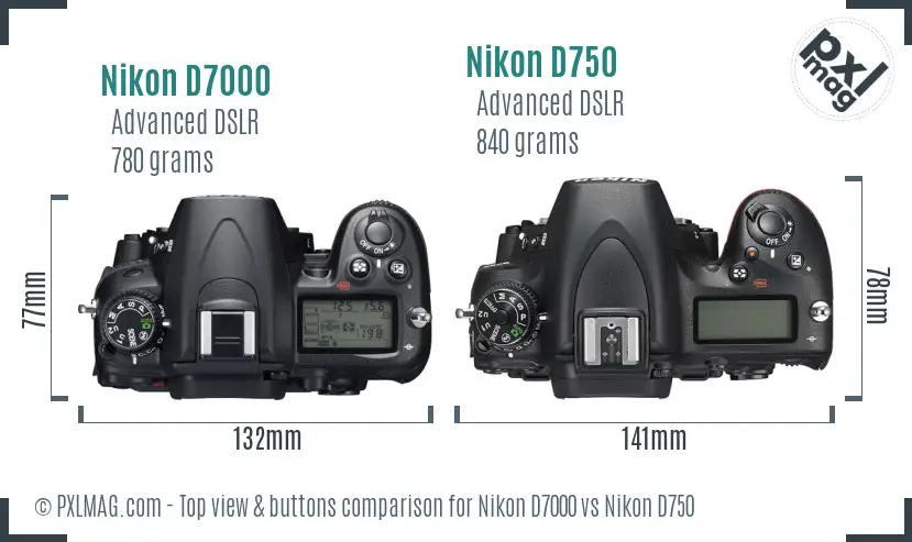 Nikon D7000 vs Nikon D750 top view buttons comparison