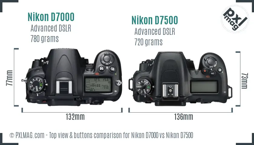 Nikon D7000 vs Nikon D7500 top view buttons comparison