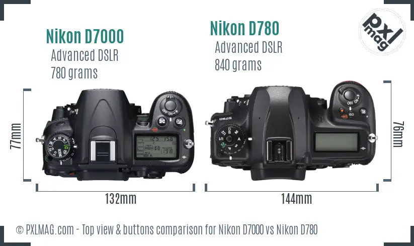 Nikon D7000 vs Nikon D780 top view buttons comparison