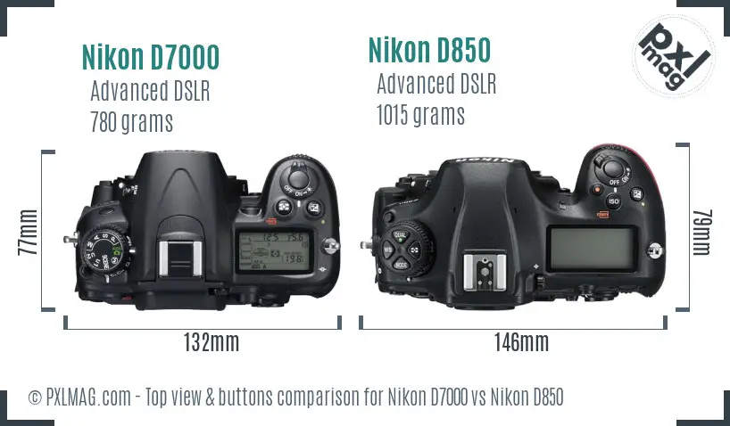 Nikon D7000 vs Nikon D850 top view buttons comparison