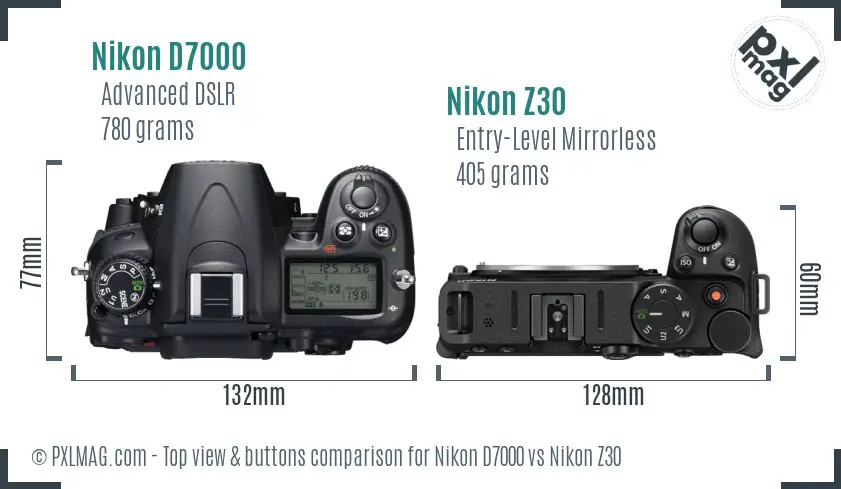 Nikon D7000 vs Nikon Z30 top view buttons comparison