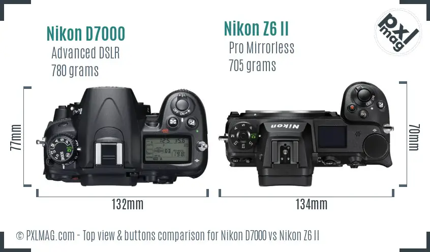 Nikon D7000 vs Nikon Z6 II top view buttons comparison