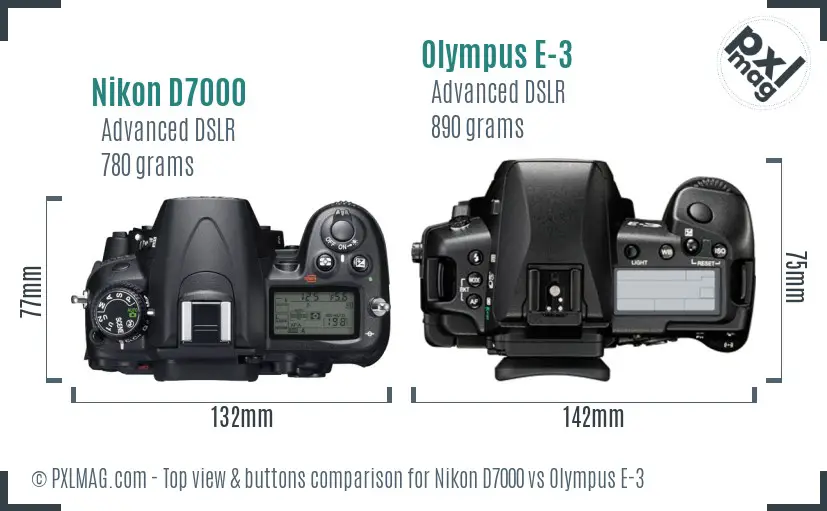 Nikon D7000 vs Olympus E-3 top view buttons comparison