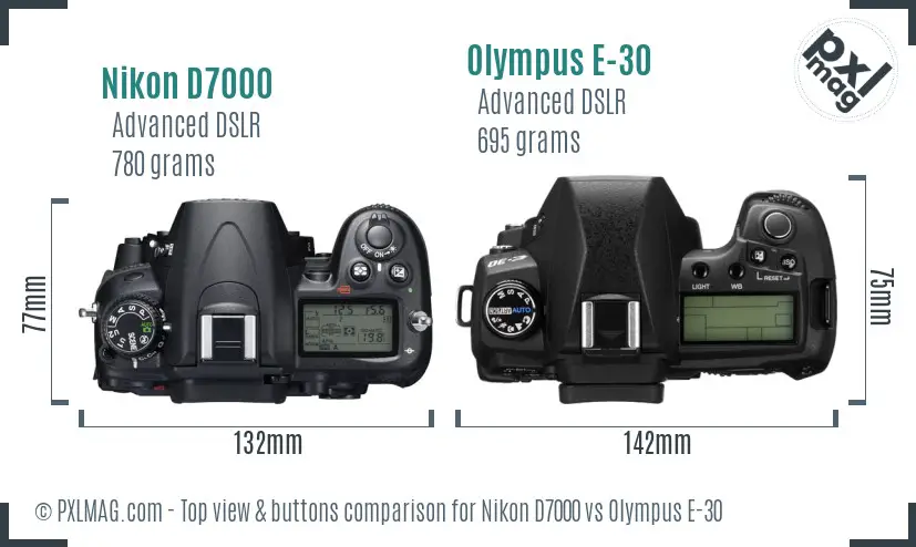 Nikon D7000 vs Olympus E-30 top view buttons comparison