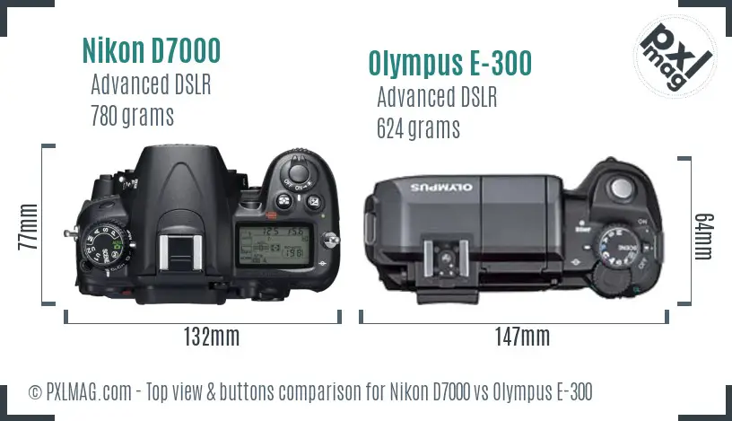 Nikon D7000 vs Olympus E-300 top view buttons comparison