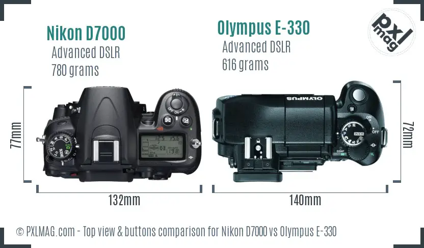 Nikon D7000 vs Olympus E-330 top view buttons comparison