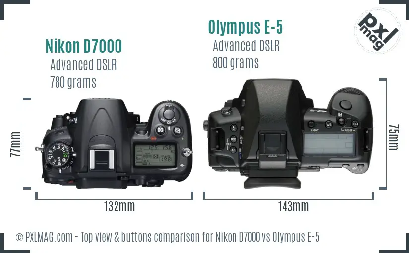 Nikon D7000 vs Olympus E-5 top view buttons comparison