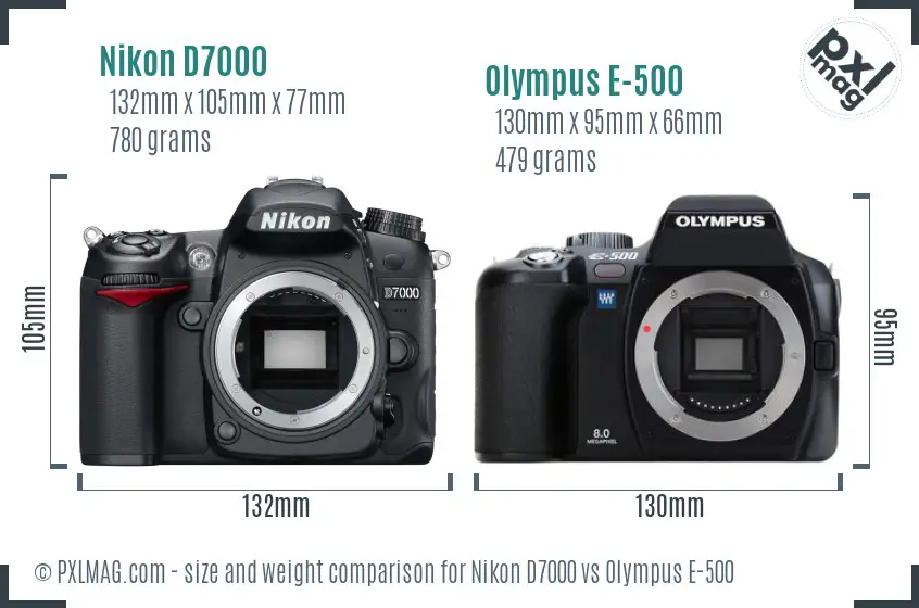 Nikon D7000 vs Olympus E-500 size comparison
