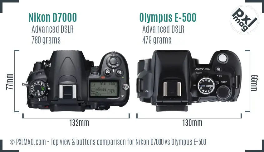 Nikon D7000 vs Olympus E-500 top view buttons comparison