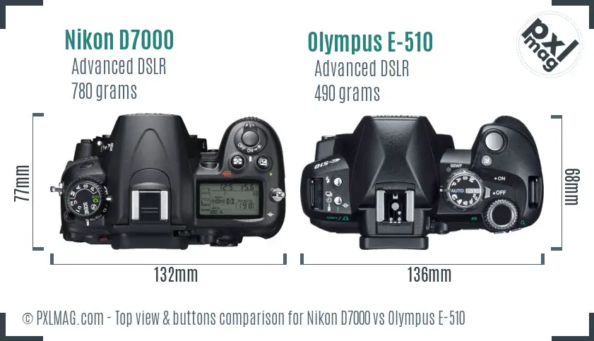 Nikon D7000 vs Olympus E-510 top view buttons comparison
