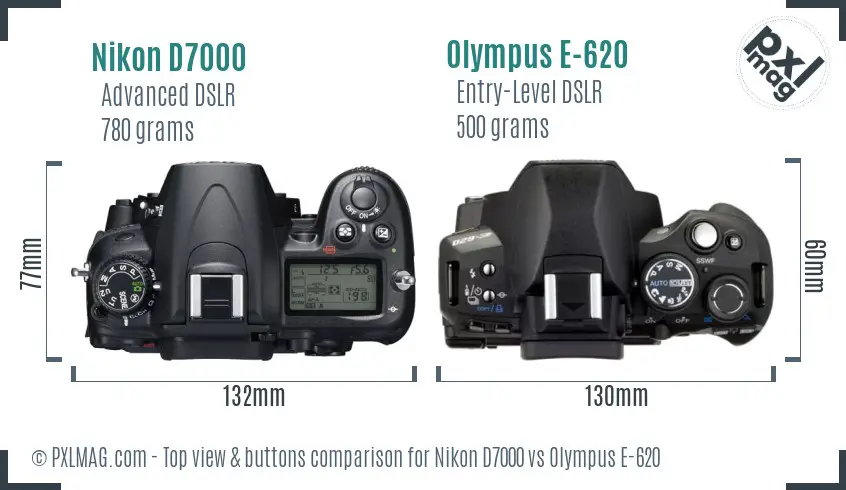 Nikon D7000 vs Olympus E-620 top view buttons comparison