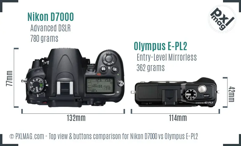 Nikon D7000 vs Olympus E-PL2 top view buttons comparison