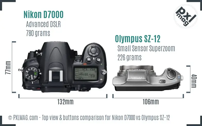 Nikon D7000 vs Olympus SZ-12 top view buttons comparison