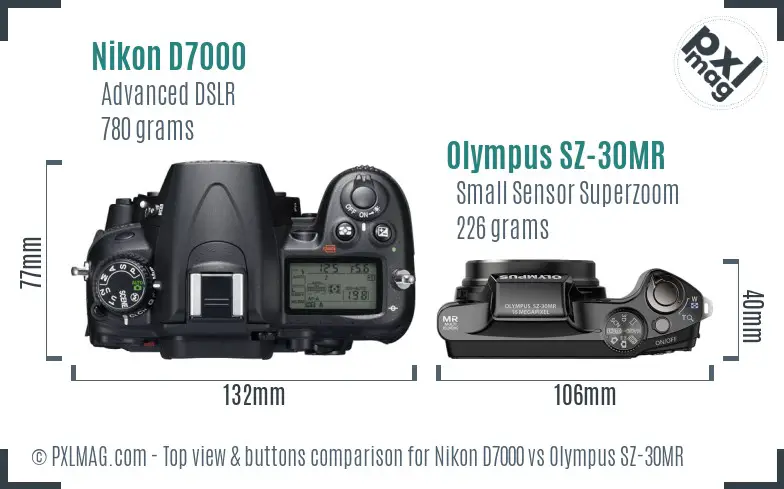 Nikon D7000 vs Olympus SZ-30MR top view buttons comparison