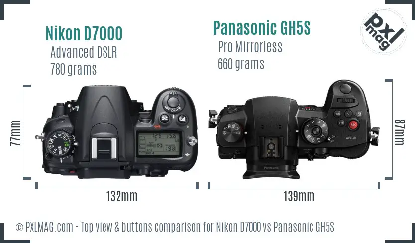 Nikon D7000 vs Panasonic GH5S top view buttons comparison