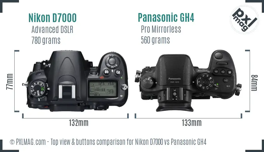 Nikon D7000 vs Panasonic GH4 top view buttons comparison