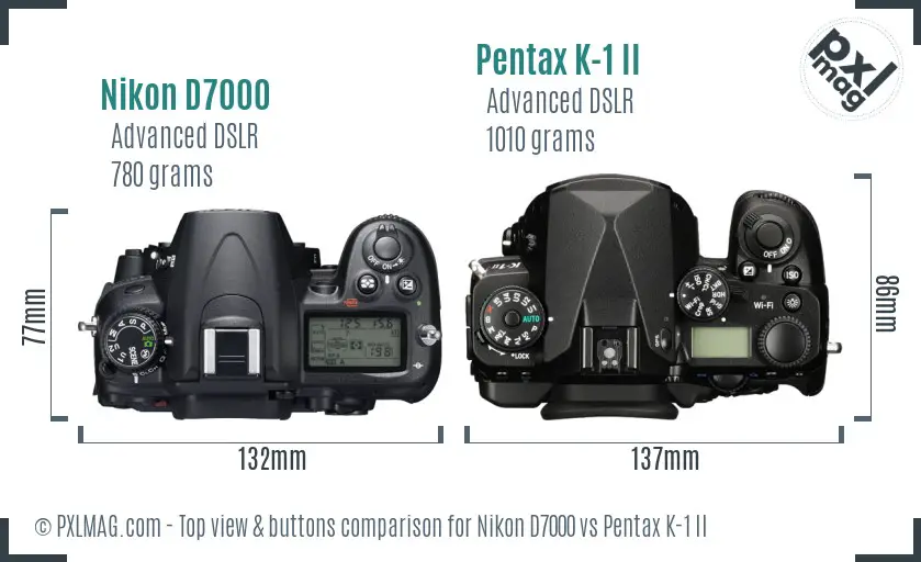 Nikon D7000 vs Pentax K-1 II top view buttons comparison