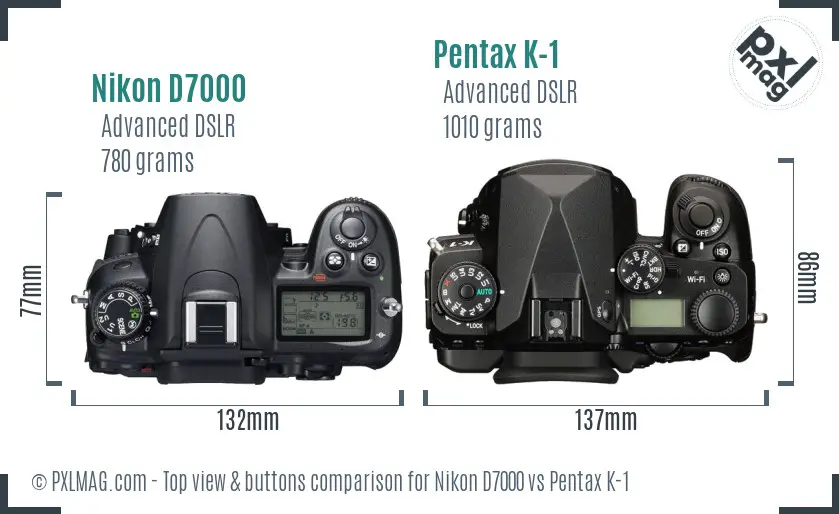 Nikon D7000 vs Pentax K-1 top view buttons comparison