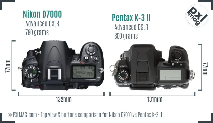 Nikon D7000 vs Pentax K-3 II top view buttons comparison
