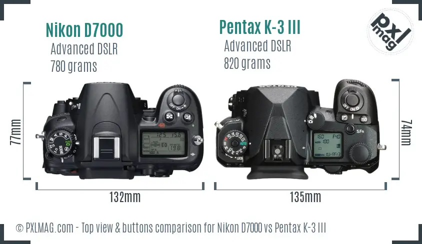 Nikon D7000 vs Pentax K-3 III top view buttons comparison