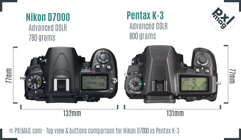 Nikon D7000 vs Pentax K-3 top view buttons comparison