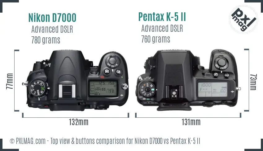 Nikon D7000 vs Pentax K-5 II top view buttons comparison