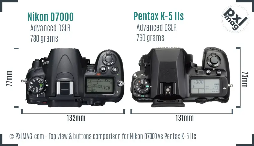 Nikon D7000 vs Pentax K-5 IIs top view buttons comparison
