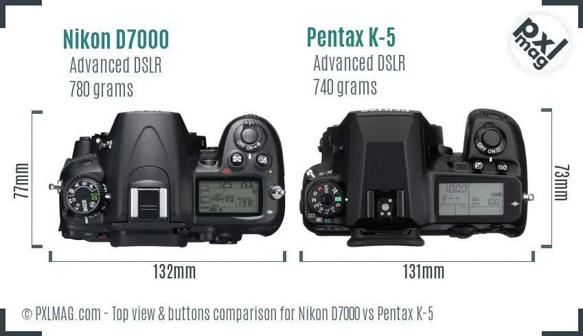 Nikon D7000 vs Pentax K-5 top view buttons comparison