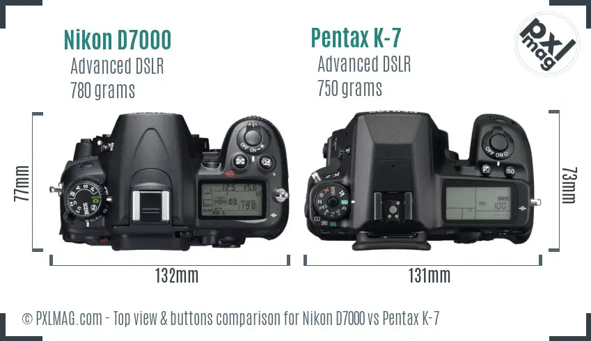 Nikon D7000 vs Pentax K-7 top view buttons comparison