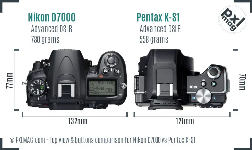 Nikon D7000 vs Pentax K-S1 top view buttons comparison