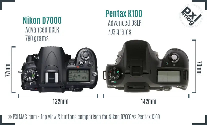 Nikon D7000 vs Pentax K10D top view buttons comparison