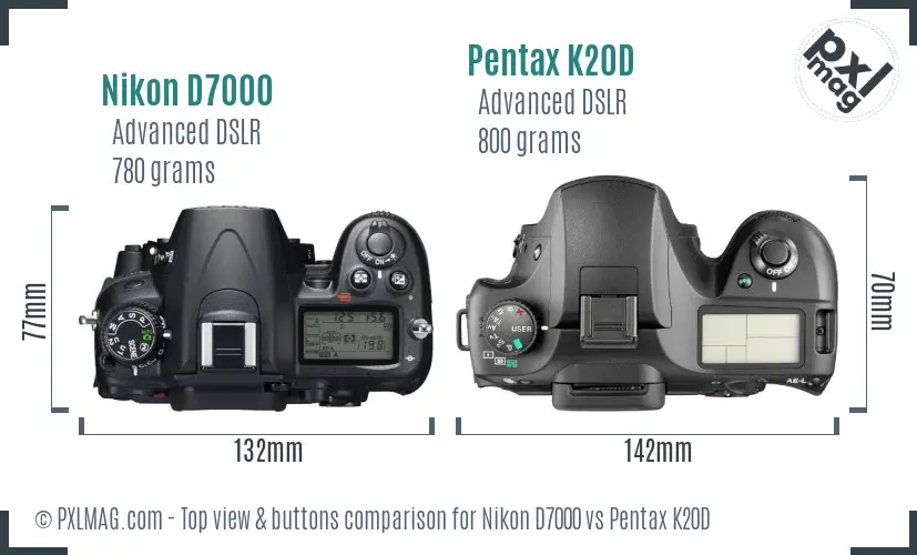 Nikon D7000 vs Pentax K20D top view buttons comparison