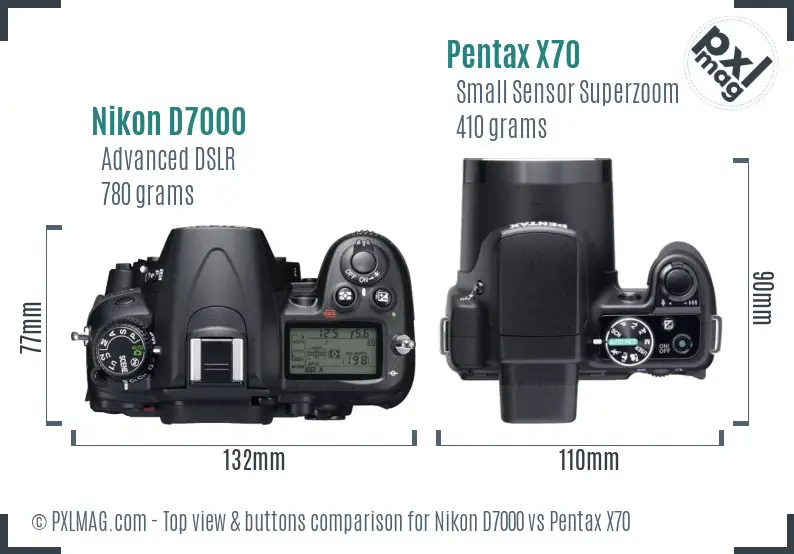 Nikon D7000 vs Pentax X70 top view buttons comparison