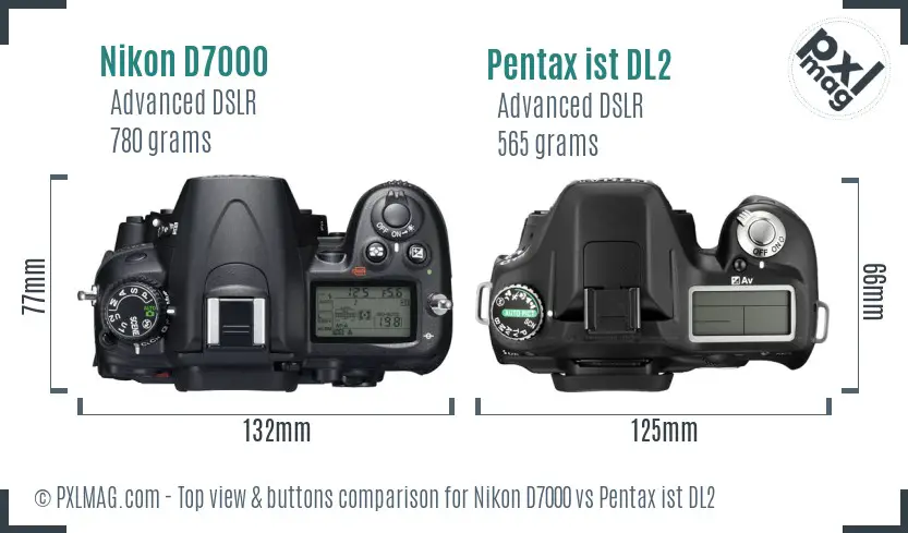 Nikon D7000 vs Pentax ist DL2 top view buttons comparison Nikon D7000 vs Pentax ist DL2 top view buttons comparison