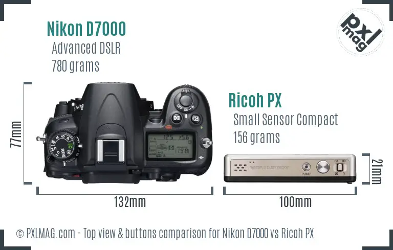Nikon D7000 vs Ricoh PX top view buttons comparison Nikon D7000 vs Ricoh PX top view buttons comparison