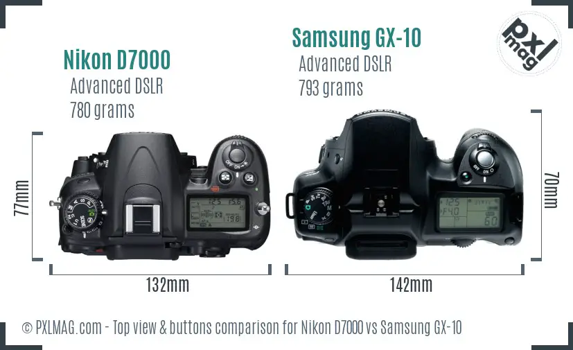 Nikon D7000 vs Samsung GX-10 top view buttons comparison