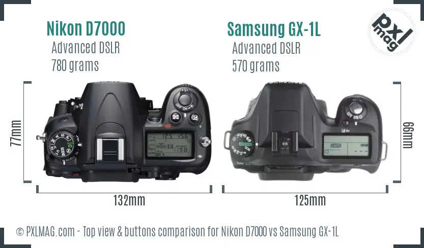 Nikon D7000 vs Samsung GX-1L top view buttons comparison